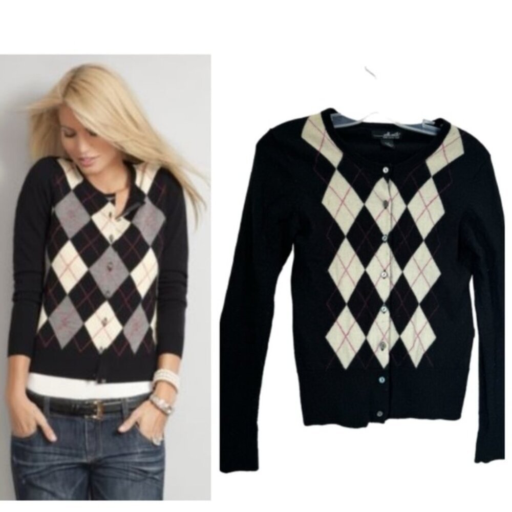 Willi Smith Vintage Y2K 100% Merino Wool Argyle Cardigan Sweater Preppy Minimal